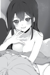 Rule 34 | :d, akatsuki kojou, akatsuki reina, breasts, cleavage, clothed male nude female, collarbone, fang, girl on top, hair between eyes, highres, indoors, long hair, looking at another, lying, manyako (mohumohu), medium breasts, monochrome, non-web source, novel illustration, nude, official art, on back, open mouth, smile, straight hair, strike the blood