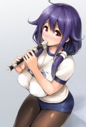 Rule 34 | 10s, 1girl, ahoge, black pantyhose, blush, breasts, buruma, flute, gym uniform, hair flaps, highres, instrument, kantai collection, large breasts, long hair, looking at viewer, low twintails, music, pantyhose, pantyhose under buruma, playing instrument, purple hair, recorder, red eyes, shinozuka jouji, simple background, solo, taigei (kancolle), twintails