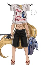 Rule 34 | ..., 1girl, abs, arknights, black shorts, blonde hair, bucket, clothes writing, commentary, degenbrecher (arknights), fishing rod, full body, highres, holding, holding bucket, holding fishing rod, horns, long hair, midriff, muscular, muscular female, navel, sandals, seaborn (arknights), shirt, shorts, simple background, solo, spoken ellipsis, standing, stomach, very long hair, white background, white shirt, zeruzeru