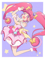 Rule 34 | 1girl, blunt bangs, cbgb, choker, commentary, cure star, dress, earrings, hair ornament, hoop earrings, jewelry, long hair, magical girl, open mouth, pink choker, pink dress, pink eyes, pink footwear, pink hair, planet hair ornament, precure, smile, solo, star (symbol), star choker, star twinkle precure, symbol-only commentary, twintails