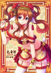 Rule 34 | 1girl, animal ears, bare shoulders, bell, blue eyes, bracelet, breasts, brown hair, chinese clothes, chinese new year, cleavage, earrings, female focus, flower, garter straps, gradient hair, hair flower, hair ornament, highres, horns, jewelry, jingle bell, large breasts, leaning forward, long hair, looking at viewer, midriff, multicolored hair, navel, original, parted lips, pink hair, sheep ears, sheep horns, skirt, smile, solo, suikakitsu shiro, thighhighs, twintails, xia you qing, zettai ryouiki