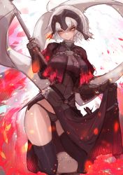 Rule 34 | 1girl, absurdres, ahoge, armor, armored dress, black panties, black thighhighs, breasts, chain, collar, fate/grand order, fate (series), faulds, fire, flag, gauntlets, headpiece, highres, jeanne d&#039;arc (fate), jeanne d&#039;arc alter (avenger) (fate), jeanne d&#039;arc alter (fate), large breasts, looking at viewer, metal collar, panties, plackart, polearm, sayo (sayomayos), short hair, silver hair, sword, thighhighs, underwear, weapon, yellow eyes