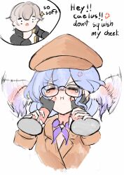 Rule 34 | 1boy, 1girl, absurdres, anger vein, black gloves, black jacket, blue hair, brown coat, brown hat, caelus (honkai: star rail), coat, english text, fingerless gloves, flapping, gloves, grey hair, hand on another&#039;s cheek, hand on another&#039;s face, hat, head wings, highres, honkai: star rail, honkai (series), jacket, obgbegom, official alternate costume, pout, robin (honkai: star rail), simple background, squishing, trailblazer (honkai: star rail), two-sided coat, two-sided fabric, two-sided jacket, upper body, white background, white wings, wings