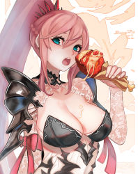 Rule 34 | 1boy, 1girl, armor, blue eyes, braid, breasts, chicken (food), chicken leg, cleavage, closed mouth, death is 13, dress, eating, food, food on body, food on breasts, hair between eyes, holding, holding food, large breasts, long hair, looking at viewer, meat, open mouth, pink hair, ponytail, shionne (tales), shoulder armor, sidelocks, solo, tales of (series), tales of arise, very long hair, white dress