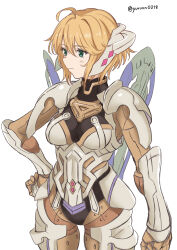 Rule 34 | 1girl, blonde hair, breasts, closed mouth, cyborg, fiora (xenoblade), green eyes, highres, mecha-fiora, medium breasts, short hair, simple background, solo, upper body, white background, xenoblade chronicles (series), xenoblade chronicles 1, yuuuun0218