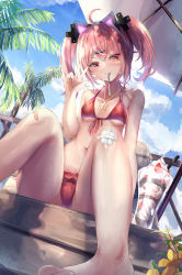 Rule 34 | 1girl, animal ears, arm at side, artist name, bandaged knees, bandaid, bandaid on cheek, bandaid on face, bandaid on knee, bandaid on leg, bikini, blush, breasts, cat ears, cloud, cloudy sky, commentary request, dappled sunlight, fake animal ears, flower, food, food on face, foreshortening, full body, grin, hair between eyes, hair ornament, hairclip, hand up, highres, ice cream, jewelry, looking at viewer, medium hair, natuna natu, necklace, original, outdoors, palm tree, parasol, pink hair, pixiv id, red bikini, shadow, sitting, sky, small breasts, smile, solo, spoon, star (symbol), star necklace, sundae, sunlight, swimsuit, thighs, tree, twintails, umbrella, utensil in mouth, v, wooden chair
