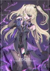 Rule 34 | 1girl, absurdres, black gloves, black thighhighs, blonde hair, bodystocking, bodysuit, bow, bowtie, breasts, bridal gauntlets, character name, chromatic aberration, chuunibyou, cropped legs, detached sleeves, electricity, eyepatch, fischl (genshin impact), fishnet bodysuit, fishnets, genshin impact, gloves, green eyes, hair ribbon, highres, izayoi cha, long hair, open mouth, ribbon, single glove, single leg pantyhose, single thighhigh, small breasts, solo, thighhighs, two side up