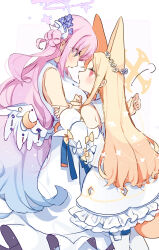 Rule 34 | 2girls, angel wings, animal ear fluff, animal ears, bare shoulders, blonde hair, blue archive, blush, capelet, detached sleeves, dress, eye contact, flower, hair flower, hair ornament, halo, highres, long hair, looking at another, mika (blue archive), multiple girls, pink halo, purple flower, red eyes, seia (blue archive), sleeves past fingers, sleeves past wrists, tail, white capelet, white dress, white wings, wide sleeves, wings, yellow eyes, yellow halo, yun (dust-i1), yuri