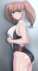 Rule 34 | 1girl, anchor hair ornament, ass, atlanta (kancolle), black one-piece swimsuit, breasts, brown hair, commentary request, competition swimsuit, cowboy shot, grey eyes, hair ornament, highres, kantai collection, large breasts, long hair, monteriakitto, one-piece swimsuit, solo, swimsuit, two-tone swimsuit, two side up, wet