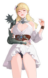 Rule 34 | 1girl, absurdres, armor, bare shoulders, black panties, blonde hair, blush, cleavage cutout, closed eyes, clothing cutout, cowboy shot, detached sleeves, dress, flower, gauntlets, gluteal fold, hair flower, hair ornament, hand up, highres, lips, long hair, lost ark, nineveh (lost ark), panties, parted lips, pauldrons, shoulder armor, simple background, single gauntlet, single pauldron, sohn woohyoung, solo, thighs, underwear, white background, white dress, wristband