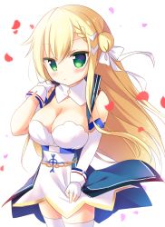 Rule 34 | 1girl, :o, azur lane, bare shoulders, blonde hair, blush, bow, braid, breasts, character request, cleavage, cowboy shot, detached sleeves, dress, fingerless gloves, gloves, green eyes, hair between eyes, hair bow, hair bun, highres, large breasts, long hair, long sleeves, parted lips, petals, ribbon, ryuuka sane, side bun, simple background, single hair bun, single side bun, sleeveless, sleeveless dress, solo, standing, thighhighs, very long hair, white background, white bow, white dress, white gloves, white ribbon, white thighhighs