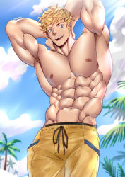 Rule 34 | 1boy, abs, absurdres, arms behind head, artist name, bara, blonde hair, blurry, blurry background, cloud, day, drawstring, granblue fantasy, highres, large pectorals, looking at viewer, male focus, male swimwear, muscular, muscular male, navel, nipples, official alternate costume, open mouth, outdoors, pectorals, short hair, sky, smile, solo, suyohara, swim trunks, swimsuit, topless male, vane (granblue fantasy), vane (summer) (granblue fantasy), yellow male swimwear, yellow swim trunks