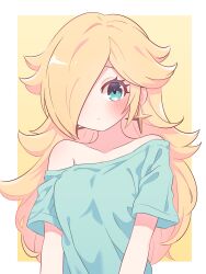 1girl absurdres alternate_costume bare_shoulders blonde_hair blue_eyes blue_shirt closed_mouth earrings eyelashes hair_over_one_eye highres jewelry long_hair looking_at_viewer mario_(series) nintendo off-shoulder_shirt off_shoulder rosalina ryu160303 shirt short_sleeves solo star_(symbol) star_earrings upper_body