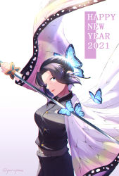 Rule 34 | 1girl, :d, belt, belt buckle, black hair, black jacket, black pants, blue eyes, breasts, buckle, bug, butterfly, butterfly hair ornament, cowboy shot, floating hair, from side, grey belt, hair intakes, hair ornament, haori, head tilt, highres, holding, holding sword, holding weapon, insect, jacket, japanese clothes, katana, kimetsu no yaiba, kochou shinobu, long sleeves, looking at viewer, medium breasts, open mouth, pants, parupome, short hair, simple background, smile, solo, standing, sword, twitter username, uniform, weapon, white background, wide sleeves