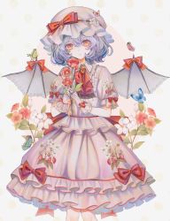 Rule 34 | 1girl, absurdres, ascot, bat wings, blue butterfly, blue hair, bow, brooch, bud, bug, butterfly, collared shirt, commentary, eyebrows hidden by hair, eyelashes, flower, flower request, food, frilled shirt collar, frills, fruit, gloves, green butterfly, hair between eyes, hat, hat bow, hat flower, highres, holding, holding flower, hourai kiriri, insect, jewelry, leaf, looking at viewer, mob cap, pink gloves, pink hat, pink shirt, pink skirt, puffy short sleeves, puffy sleeves, red ascot, red bow, red butterfly, red eyes, red flower, remilia scarlet, ribbon, shirt, short hair, short sleeves, skirt, skirt set, solo, strawberry, strawberry hat ornament, symbol-only commentary, touhou, white flower, wing bow, wings, yellow ribbon