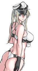 Rule 34 | 1girl, absurdres, ass, black gloves, blonde hair, bra, breasts, commentary request, cowboy shot, cup, dated, from behind, gloves, graf zeppelin (kancolle), grey eyes, hair between eyes, highres, kantai collection, large breasts, light smile, looking at viewer, looking back, mug, panties, parted lips, sidelocks, simple background, solo, sozan, standing, thong, tsurime, twintails, twitter username, underwear, white background, white bra, white panties