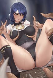Rule 34 | 1girl, absurdres, bad id, bad pixiv id, black leotard, black socks, blue hair, blush, breasts, brown eyes, commentary, covered navel, english commentary, genshin impact, highres, kneehighs, kujou sara, large breasts, leotard, parted lips, shikube, short hair, sitting, sleeveless, socks, solo, spread legs, tentacles, thighs, wet