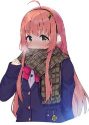 Rule 34 | 1girl, absurdres, ahoge, blue cardigan, blush, breath, brown hair, brown scarf, cardigan, commentary request, covered mouth, cropped torso, dress shirt, earmuffs, flower, fringe trim, green eyes, hair between eyes, hair flower, hair ornament, hairclip, hand up, highres, honma himawari, long hair, long sleeves, looking at viewer, nijisanji, plaid, plaid scarf, racchi., scarf, shirt, simple background, sleeves past wrists, solo, sunflower, sunflower hair ornament, very long hair, virtual youtuber, white background, white shirt