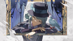 Rule 34 | 1girl, 2023, arm rest, artist name, ascot, bird, black liquid, blue bow, blue curtains, bow, chinese commentary, closed eyes, closed mouth, coat, collared shirt, commentary request, grey hair, hair bun, hat, hat bow, head tilt, krab (fumekrab), picture frame, purple coat, purple hat, reverse:1999, shirt, short hair, single side bun, sleeping, slime (substance), solo, top hat, upper body, vertin (reverse:1999), weibo logo, weibo watermark, white ascot, white background, white bird, white shirt
