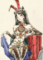 Rule 34 | 1girl, absurdres, animal ears, armor, black hair, chichi chichi, collar, earrings, hair ornament, highres, holding cloth, jewelry, long hair, looking at viewer, mattress, open mouth, original, painting (medium), rabbit ears, red eyes, ribbon, sitting, solo, traditional media, twintails, upper body