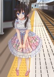 Rule 34 | 1girl, black hair, blue bow, blue eyes, blurry, blurry background, blush, bow, breasts, closed mouth, commission, day, depth of field, floral print, frilled skirt, frills, ghost, hair between eyes, hair ribbon, highres, kazenokaze, loafers, long hair, low twintails, medium breasts, original, outdoors, pink footwear, pink ribbon, pink skirt, pleated skirt, print skirt, railroad tracks, ribbon, rose print, shirt, shoes, short sleeves, skirt, smile, solo, sweat, train station, train station platform, transparent, twintails, white shirt