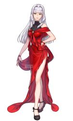 Rule 34 | 1girl, :d, absurdres, aken, bare shoulders, blunt bangs, dress, full body, green eyes, hand on own hip, high heels, highres, long hair, open mouth, original, red dress, silver hair, simple background, sleeveless, smile, solo, teeth, white background