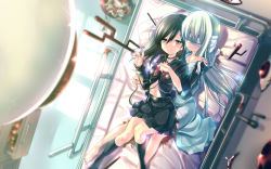 2girls 4f_yasura_kabyoutou black_hair blindfold dress hikari_(4f_yasura_kabyoutou) kamizuki_shiki multiple_girls school_uniform silver_hair skirt yasuko_(4f_yasura_kabyoutou)