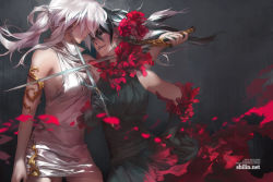 Rule 34 | 2girls, armlet, artist name, black eyes, black gloves, black hair, blackbird, breasts, carciphona, elbow gloves, face-to-face, flower, gloves, hair flower, hair ornament, hair over eyes, hand on own hip, highres, lips, long hair, mexican standoff, multiple girls, parted lips, ponytail, reverse grip, ruff, shilin, sideboob, silver hair, simple background, smile, smirk, sword, veloce visrin, watermark, weapon, web address