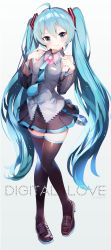 Rule 34 | 1girl, ahoge, artist name, black skirt, black thighhighs, blue eyes, blue hair, blue necktie, blush, brown footwear, collared shirt, commentary, detached sleeves, grey shirt, hands up, hatsune miku, highres, knees together feet apart, loafers, long hair, long sleeves, miniskirt, necktie, pleated skirt, pointing, pointing at self, shirt, shoes, skirt, smile, solo, standing, takepon1123, thighhighs, twintails, very long hair, vocaloid, zettai ryouiki
