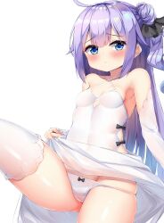 Rule 34 | 1girl, azur lane, bare shoulders, black ribbon, blush, bow, bow panties, breasts, clothes lift, detached sleeves, dombear, dress, hair bun, highres, leg up, lifting own clothes, long hair, looking at viewer, one side up, panties, purple eyes, purple hair, ribbon, single hair bun, single side bun, small breasts, solo, standing, thighhighs, thighs, underwear, unicorn (azur lane), very long hair, white background, white dress, white panties, white sleeves, white thighhighs