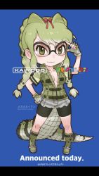 Rule 34 | 10s, 1girl, bike shorts, bike shorts under shorts, blue background, breasts, cleavage, crocodilian tail, english text, fingerless gloves, glasses, gloves, green eyes, green hair, hair ribbon, highres, jacket, kemono friends, letterboxed, official art, pun, ribbon, scientific name, shorts, simple background, solo, spectacled caiman (kemono friends), tail, yoshizaki mine