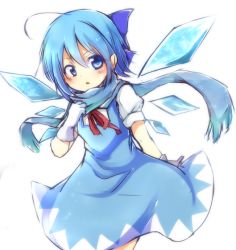 Rule 34 | 1girl, ahoge, blue dress, blue eyes, blue hair, blush, bow, cirno, dress, embellished costume, gloves, hair bow, ice, ice wings, looking at viewer, matching hair/eyes, puffy sleeves, scarf, shirt, short sleeves, simple background, solo, tosura-ayato, touhou, white background, white gloves, wings