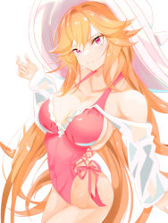 Rule 34 | 1girl, azur lane, backless swimsuit, breasts, cleavage, frilled one-piece swimsuit, frilled swimsuit, frills, hair between eyes, hat, highleg, highleg swimsuit, highres, large breasts, long hair, looking at viewer, multiple straps, official alternate costume, one-piece swimsuit, orange hair, pink one-piece swimsuit, purple eyes, richelieu (azur lane), richelieu (fleuron of the waves) (azur lane), see-through, see-through sleeves, side-tie swimsuit, simple background, solo, sun hat, swimsuit, very long hair, viveyn, white background, white hat, white sleeves