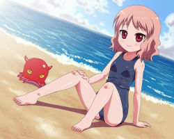 Rule 34 | 1girl, barefoot, beach, bikini, blush, character request, child, cloud, copyright request, eyebrows, feet, kt, looking at viewer, one-piece swimsuit, outdoors, shadow, shiny skin, sitting, sky, smile, swimsuit, water