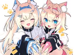 Rule 34 | 2girls, animal ear fluff, animal ears, belt, belt collar, black collar, black jacket, blonde hair, blue eyes, blue hair, closed eyes, collar, cropped jacket, cropped shirt, dog ears, dog girl, dog tail, dress, fake claws, fur-trimmed jacket, fur trim, fuwawa abyssgard, fuwawa abyssgard (1st costume), hair ornament, hairpin, hololive, hololive english, jacket, koori, looking at viewer, mococo abyssgard, mococo abyssgard (1st costume), multicolored hair, multiple girls, open mouth, pink belt, pink hair, shirt, siblings, sidelocks, sisters, smile, spiked collar, spikes, streaked hair, tail, twins, two side up, virtual youtuber, white background, white dress, white shirt, x hair ornament