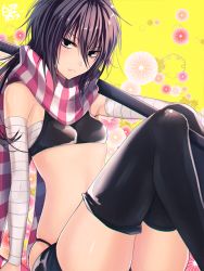 Rule 34 | &gt;:(, 1girl, 8931ponzu, arm support, bandages, bare shoulders, black eyes, black hair, black panties, black thighhighs, breasts, closed mouth, frown, hair between eyes, highleg, highleg panties, katana, knees up, long hair, looking at viewer, original, over shoulder, panties, sarashi, scarf, short shorts, shorts, sitting, skindentation, small breasts, solo, striped clothes, striped scarf, sword, thighhighs, underwear, v-shaped eyebrows, weapon, weapon over shoulder