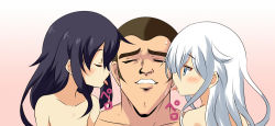 Rule 34 | 10s, 1boy, 2girls, :p, admiral (kancolle), akatsuki (kancolle), be (o-hoho), collarbone, gradient background, grin, hibiki (kancolle), kantai collection, kuso miso technique, licking, multiple girls, nude, portrait, profile, short hair, simple background, smile, teeth, tongue, tongue out, upper body, verniy (kancolle), very short hair, white hair, yaranaika