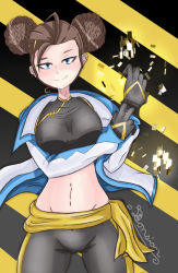 Rule 34 | 1girl, absurdres, blue eyes, breasts, brown hair, digimon, digimon story: cyber sleuth, fei wong tomoe ignacio, highres, jacket, navel, smile