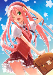 Rule 34 | 1girl, absurdres, briefcase, cafe sourire, eretto, highres, indoors, long hair, mizushima serika, no panties, one eye closed, open mouth, pink hair, skirt, solo, vest, wink