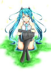 Rule 34 | 1girl, baretto (karasi07), blue eyes, blue hair, blue necktie, blue skirt, detached sleeves, grin, hair ornament, hatsune miku, highres, long hair, looking at viewer, matching hair/eyes, necktie, pleated skirt, sitting, skirt, smile, solo, twintails, vocaloid