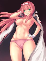 Rule 34 | 10s, 1girl, bad id, bad pixiv id, black background, blush, breasts, cameltoe, cleavage, convenient censoring, cowboy shot, darling in the franxx, gloves, green eyes, grin, hair censor, hair over breasts, hairband, hand in own hair, hand on own hip, highres, horns, large breasts, long hair, looking at viewer, nottytiffy, open clothes, panties, parted lips, pink hair, pink panties, simple background, smile, solo, standing, topless, underwear, zero two (darling in the franxx)
