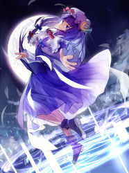 Rule 34 | 1girl, bison cangshu, book, capelet, coat, crescent, dress, female focus, floating, floating book, floating object, full moon, hat, lights, long hair, magic circle, moon, night, open clothes, open coat, patchouli knowledge, purple dress, purple eyes, purple hair, sky, solo, striped clothes, striped dress, touhou