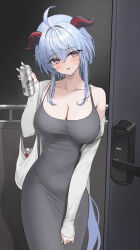 Rule 34 | 1girl, absurdres, ahoge, alternate costume, armpit crease, asahi breweries, bag, beer can, black dress, blue hair, blush, breasts, can, cardigan, cleavage, collarbone, commentary request, contemporary, covered navel, cowboy shot, door, doorway, dress, drink, drink can, ganyu (genshin impact), genshin impact, goat horns, hair between eyes, hand up, head tilt, highres, holding, holding can, holding drink, horns, large breasts, long dress, long hair, looking at viewer, off shoulder, open cardigan, open clothes, open door, parted lips, purple eyes, rikui (rella2930), shadow, shopping bag, sidelocks, single bare shoulder, sleeveless, sleeveless dress, sleeves past wrists, solo, sweatdrop, very long hair, white cardigan