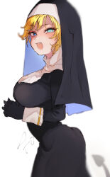 Rule 34 | 1girl, black dress, black gloves, blonde hair, blush, breasts, demon tail, dress, fang, fujima (k114), gloves, habit, highres, idolmaster, idolmaster cinderella girls, large breasts, looking at viewer, looking to the side, nun, ohtsuki yui, own hands together, palms together, signature, simple background, smile, solo, tail, taut clothes, traditional nun, white background, wrist cuffs
