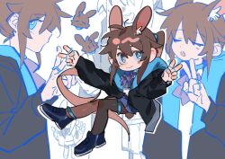 Rule 34 | 1girl, amiya (arknights), animal ear fluff, animal ears, arknights, ascot, black footwear, black jacket, black pantyhose, blue eyes, bright pupils, brown hair, closed eyes, closed mouth, commentary, hands up, highres, jacket, jewelry, long hair, molu stranger, multiple rings, multiple views, open mouth, pantyhose, ponytail, purple ascot, purple skirt, rabbit ears, ring, shirt, simple background, skirt, smile, thigh strap, v, white background, white pupils, white shirt