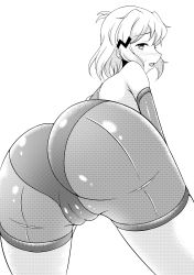 Rule 34 | 1girl, absurdres, aimo (aimo1214), ass, bike shorts, blush, cameltoe, cleft of venus, fat mons, greyscale, highres, huge ass, looking at viewer, looking back, monochrome, open mouth, senki zesshou symphogear, short hair, simple background, solo, tachibana hibiki (symphogear), white background