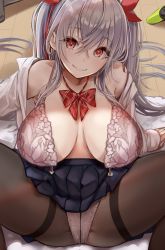 Rule 34 | 1girl, absurdres, bow, bowtie, bra, breasts, cleavage, crossed bangs, front-tie bra, grey hair, hair ribbon, head tilt, highres, lace, lace bra, large breasts, leaning back, long hair, long sleeves, looking at viewer, mappaninatta, off shoulder, open bra, open clothes, open shirt, original, panties, panties under pantyhose, pantyhose, pink bra, pleated skirt, red bow, red bowtie, red eyes, red ribbon, ribbon, school uniform, skirt, smile, solo, spread legs, thighband pantyhose, twintails, underwear, undressing, unfastened