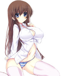 Rule 34 | 1girl, ajikan (azican), blue eyes, breasts, brown hair, covered erect nipples, female focus, highres, large breasts, long hair, navel, no bra, no pants, original, panties, shirt, simple background, sitting, solo, striped clothes, striped panties, thighhighs, underwear, white background, white thighhighs