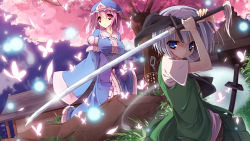 Rule 34 | 2girls, architecture, armband, bad id, bad pixiv id, belt, blue eyes, breasts, bug, butterfly, center frills, cherry blossoms, dutch angle, east asian architecture, female focus, fireflies, frills, grass, hair between eyes, hair ribbon, hands in opposite sleeves, hat, hitodama, holding, holding sword, holding weapon, insect, itsutsuki, japanese clothes, katana, kimono, konpaku youmu, konpaku youmu (ghost), looking at viewer, looking away, mob cap, multiple girls, night, night sky, obi, outdoors, pink hair, planted, planted sword, planted weapon, ribbon, rock, rope, saigyouji yuyuko, sash, scabbard, sheath, shide, shimenawa, short hair, short sleeves, skirt, skirt set, sky, sword, touhou, tree, triangular headpiece, unsheathed, v-shaped eyebrows, weapon, white hair