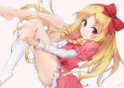 Rule 34 | 10s, 1girl, barefoot, blonde hair, bloomers, bow, brown eyes, dress, dressing, drill hair, eromanga sensei, from side, hair bow, hairband, legs, lolita fashion, long hair, looking at viewer, pink dress, pointy ears, racchi., red bow, single thighhigh, solo, thighhighs, thighhighs pull, twin drills, underwear, very long hair, white thighhighs, yamada elf